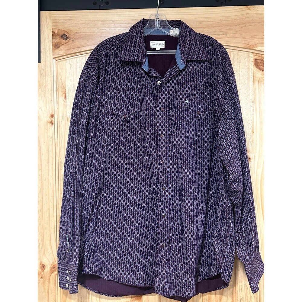 Stetson Men’s Long Sleeve Button Down Shirt Size XL Plum - Grey Geometric Print